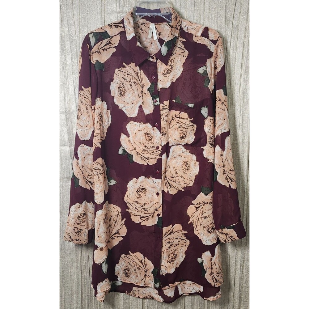 Sheer Burgundy Pink Rose Print Shirt Dress Roll Tab Long Sleeve Plus Size 1X - Picture 3 of 7